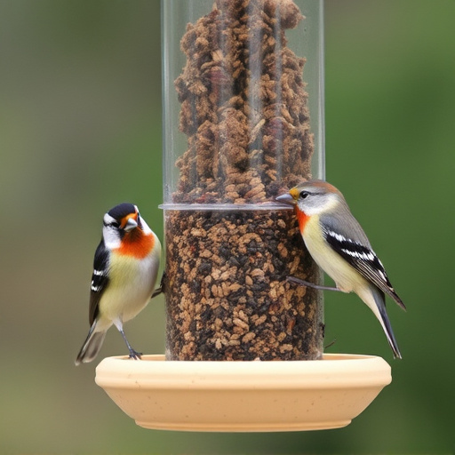 Suet-filled feeder attracting small songbirds