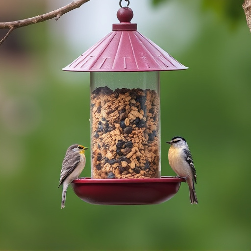 Suet-filled feeder attracting small songbirds