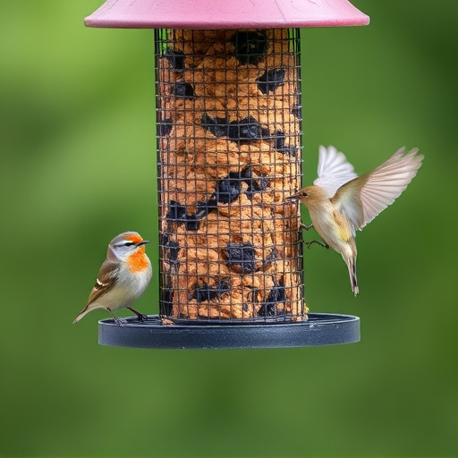 Suet-filled feeder attracting small songbirds