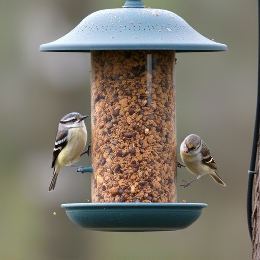 Suet-filled feeder attracting small songbirds