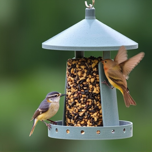 Suet-filled feeder attracting small songbirds