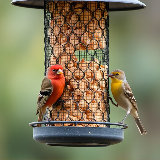 Suet pellets in mesh feeder with birds