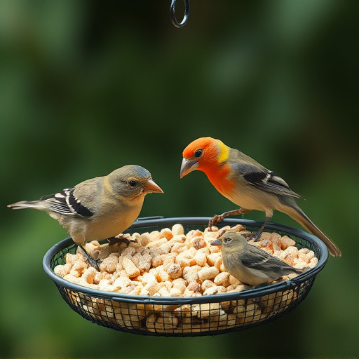 Suet pellets in mesh feeder with birds