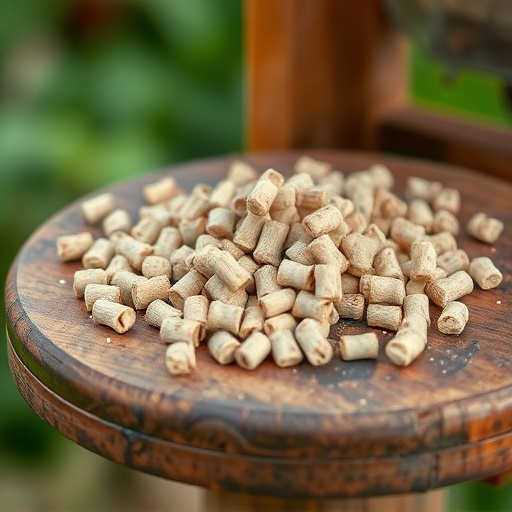 Suet pellets scattered on wooden bird table