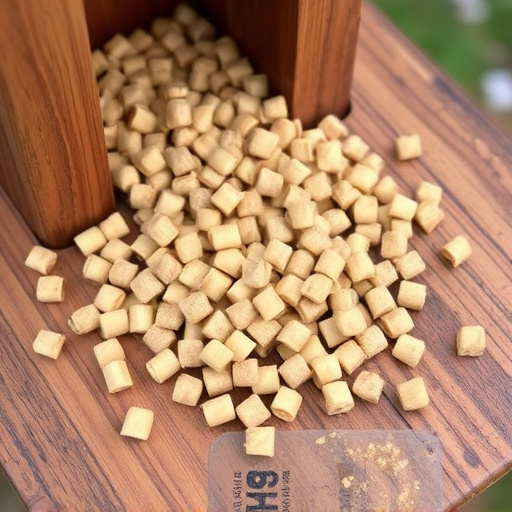 Suet pellets scattered on wooden bird table