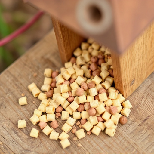 Suet pellets scattered on wooden bird table