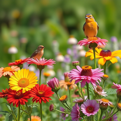 Summer flowers with birds nearby