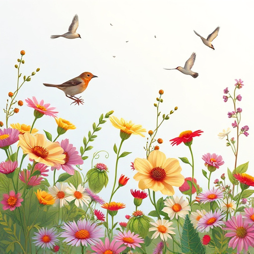 Summer flowers with birds nearby