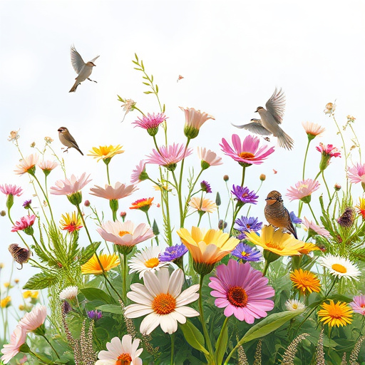 Summer flowers with birds nearby