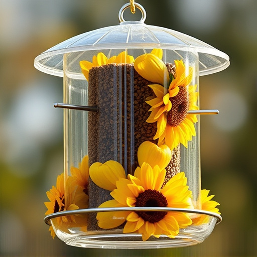 Sunflower hearts in clear plastic bird feeder