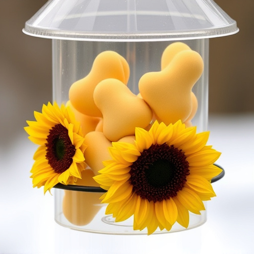 Sunflower hearts in clear plastic bird feeder