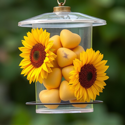 Sunflower hearts in clear plastic bird feeder