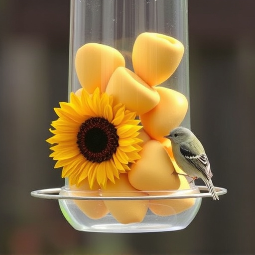 Sunflower hearts in clear plastic bird feeder