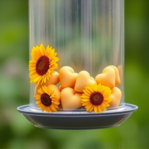 Sunflower hearts in clear plastic bird feeder