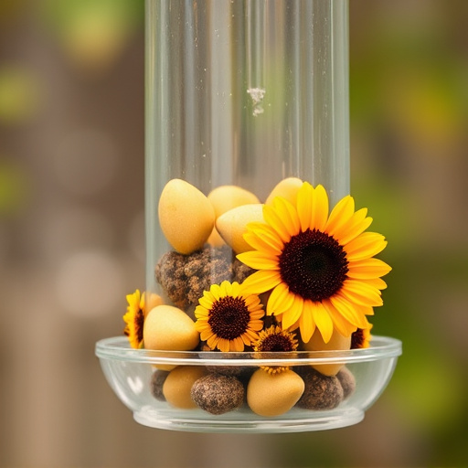Sunflower hearts in clear plastic bird feeder