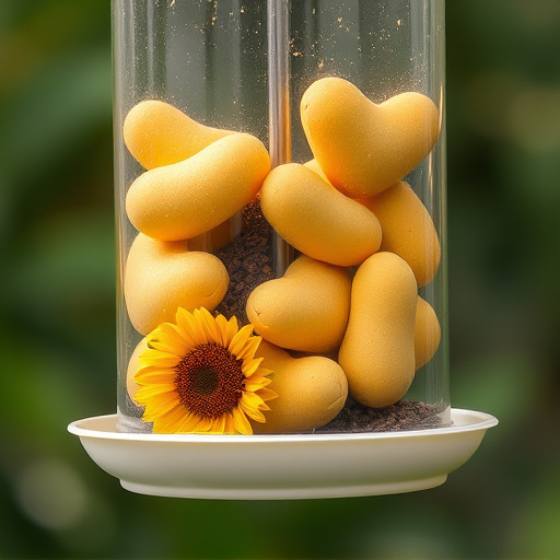 Sunflower hearts in clear plastic bird feeder