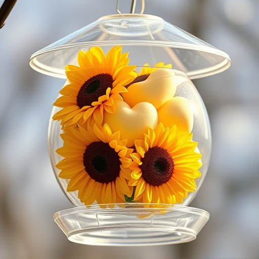 Sunflower hearts in clear plastic bird feeder