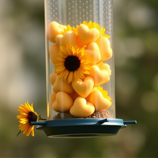 Sunflower hearts in clear plastic bird feeder
