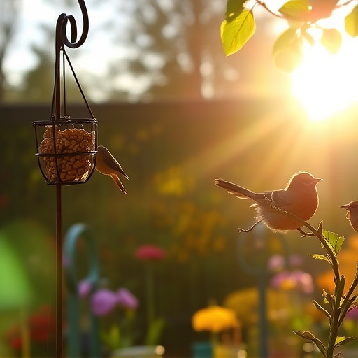 Sunlit garden with birds eating seed