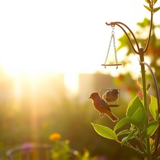 Sunlit garden with birds eating seed