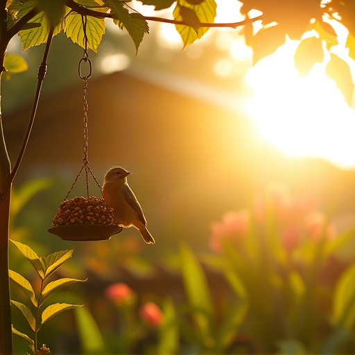 Sunlit garden with birds eating seed