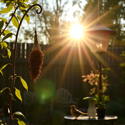 Sunlit garden with birds eating seed