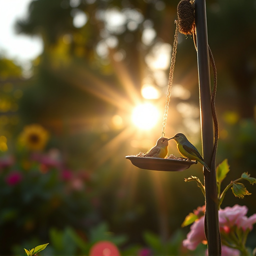 Sunlit garden with birds eating seed