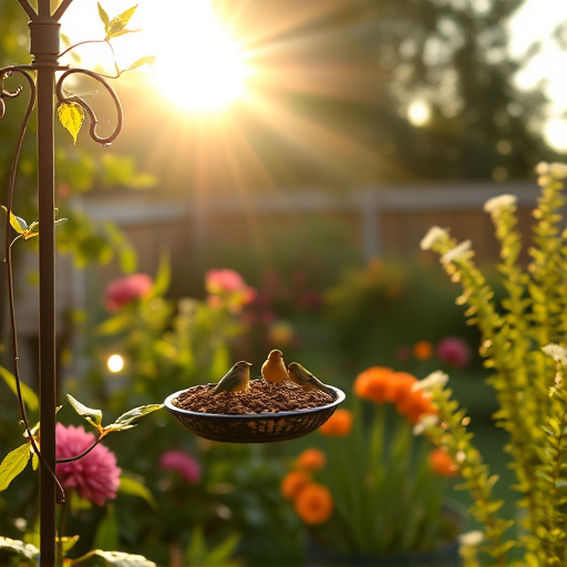 Sunlit garden with birds eating seed