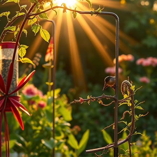 Sunlit garden with birds eating seed