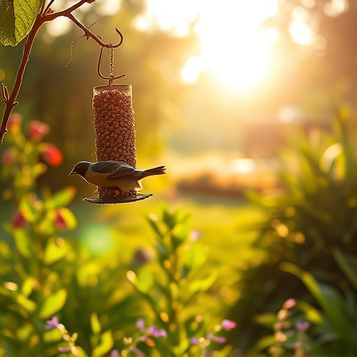 Sunlit garden with birds eating seed
