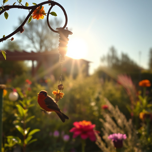 Sunlit garden with birds eating seed
