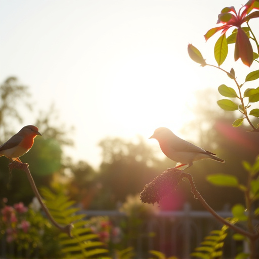 Sunlit garden with birds eating seed