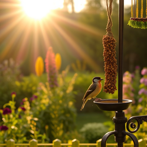 Sunlit garden with birds eating seed