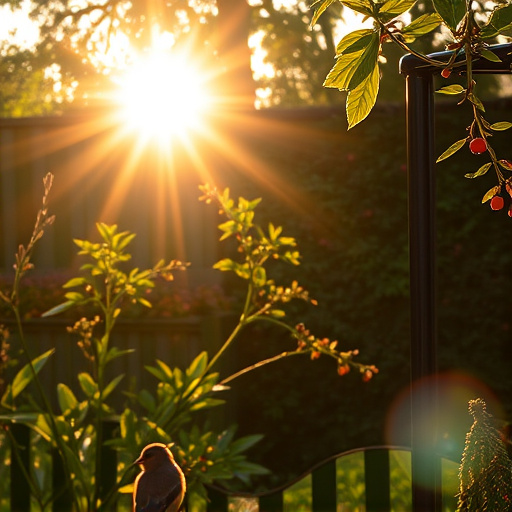 Sunlit garden with birds eating seed