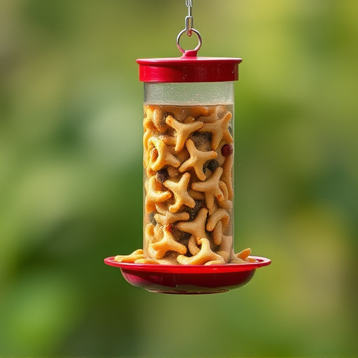 Suspended feeder filled with wriggly treats
