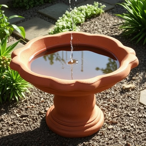 Terracotta bird bath with clear reflection