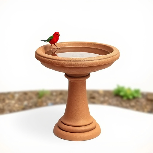 Terracotta bird bath with clear reflection