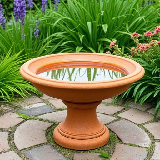 Terracotta bird bath with clear reflection