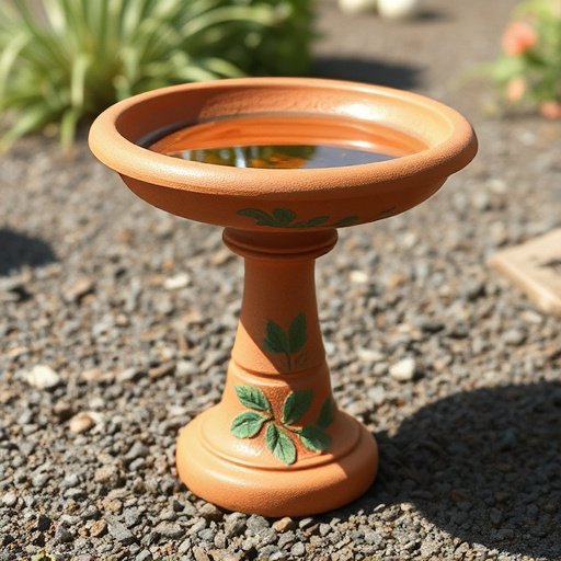 Terracotta bird bath with clear reflection