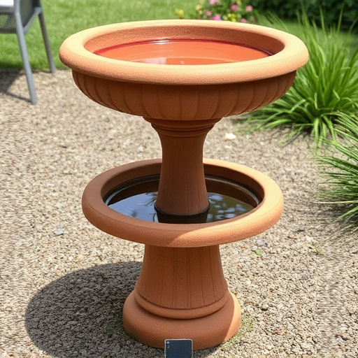 Terracotta bird bath with clear reflection