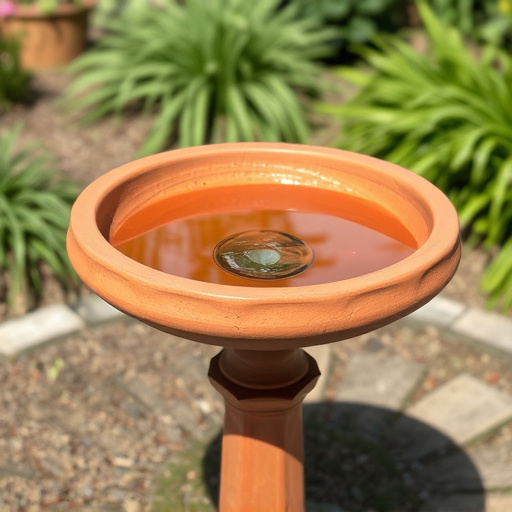 Terracotta bird bath with clear reflection