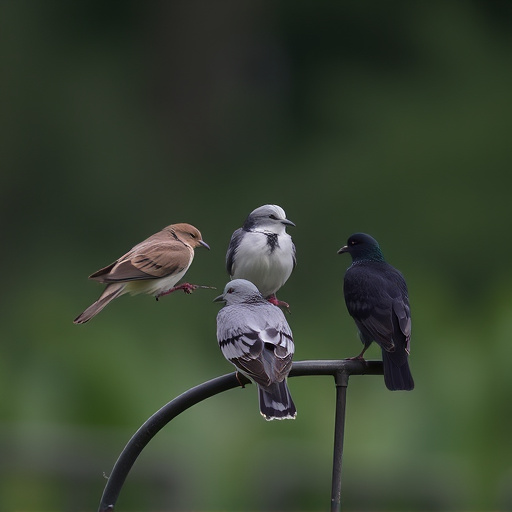 Tiny birds perched, pigeons kept away