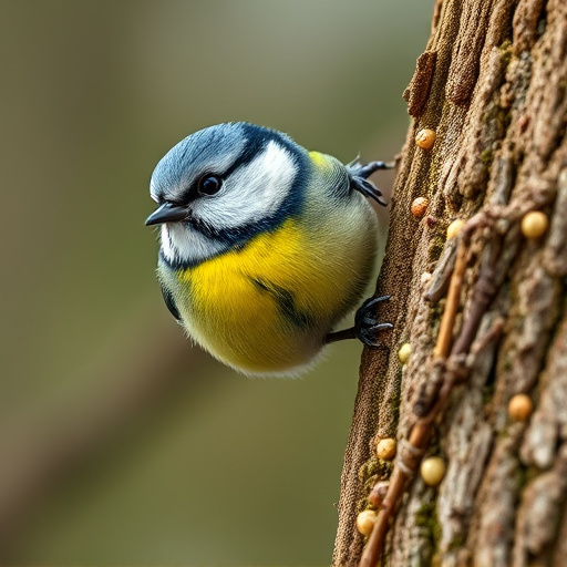 Tiny blue tit pecking suet pellets