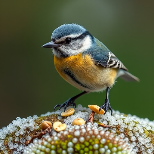Tiny blue tit pecking suet pellets
