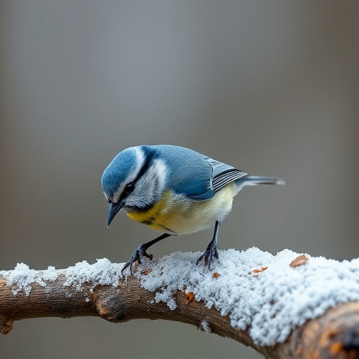 Tiny blue tit pecking suet pellets