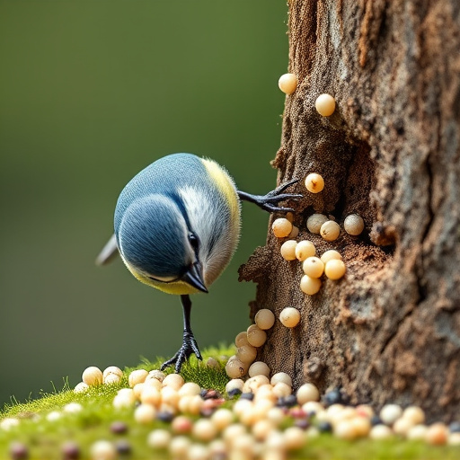 Tiny blue tit pecking suet pellets