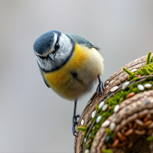 Tiny blue tit pecking suet pellets