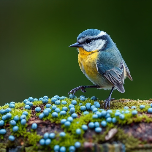 Tiny blue tit pecking suet pellets