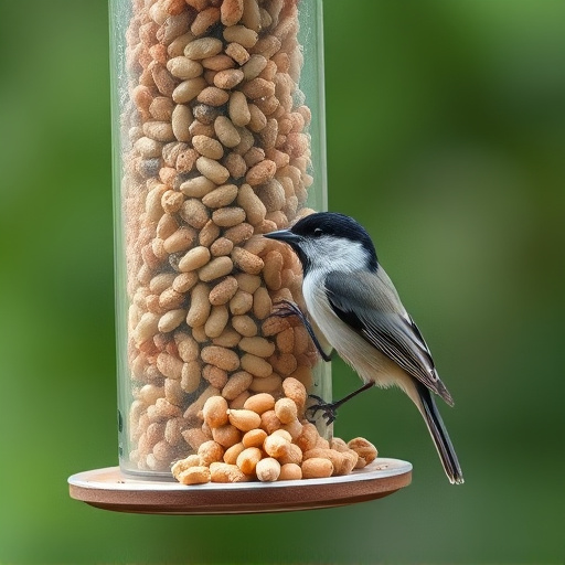 Tit bird feeding from peanut feeder