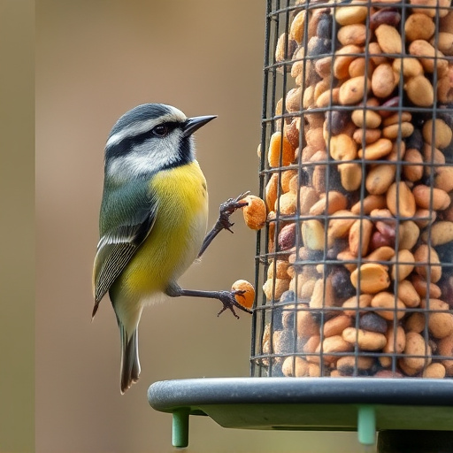 Tit bird feeding from peanut feeder